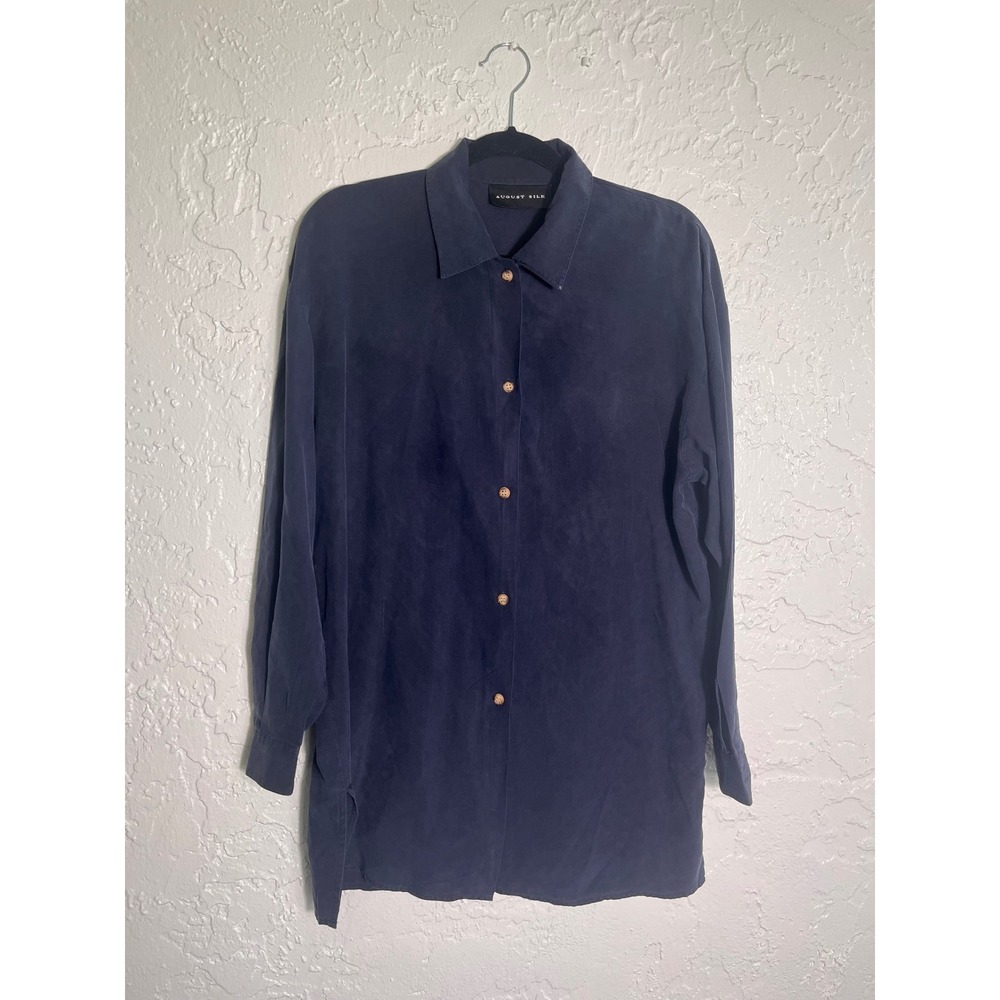 August Silk 100% Silk Button Front Blouse Women's Small Navy Blue Long Sleeve